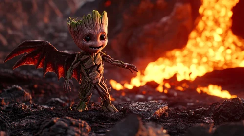 Winged Groot in Volcanic Scene