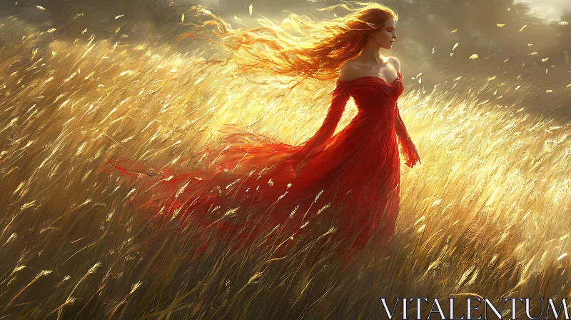 AI ART Lady in Red Gown Amidst Golden Wheat