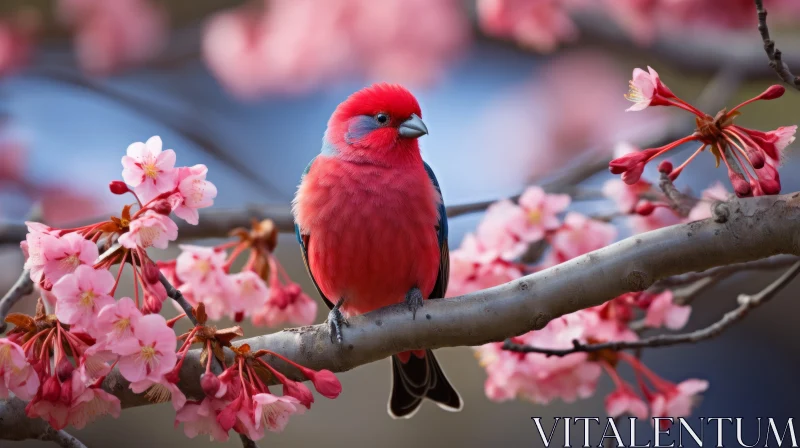 Red Bird in Blooming Cherry Blossoms - Nature Photography AI Image
