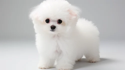 White Pomeranian Puppy on Grey - A Portrait of Timeless Artistry