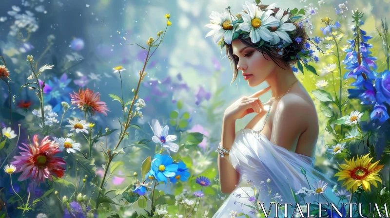 Woman in a Field of Flowers - Serene Painting AI Image