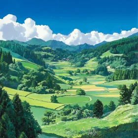 Lush Green Valley Landscape with Blue Sky