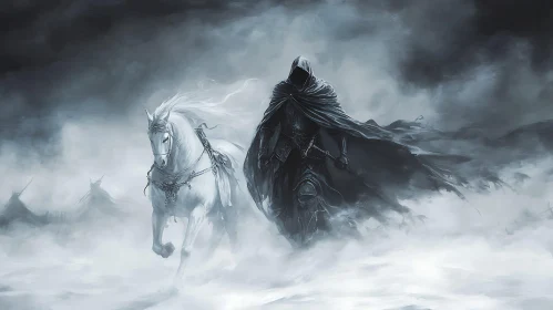 Cloaked Figure and White Horse in Fog