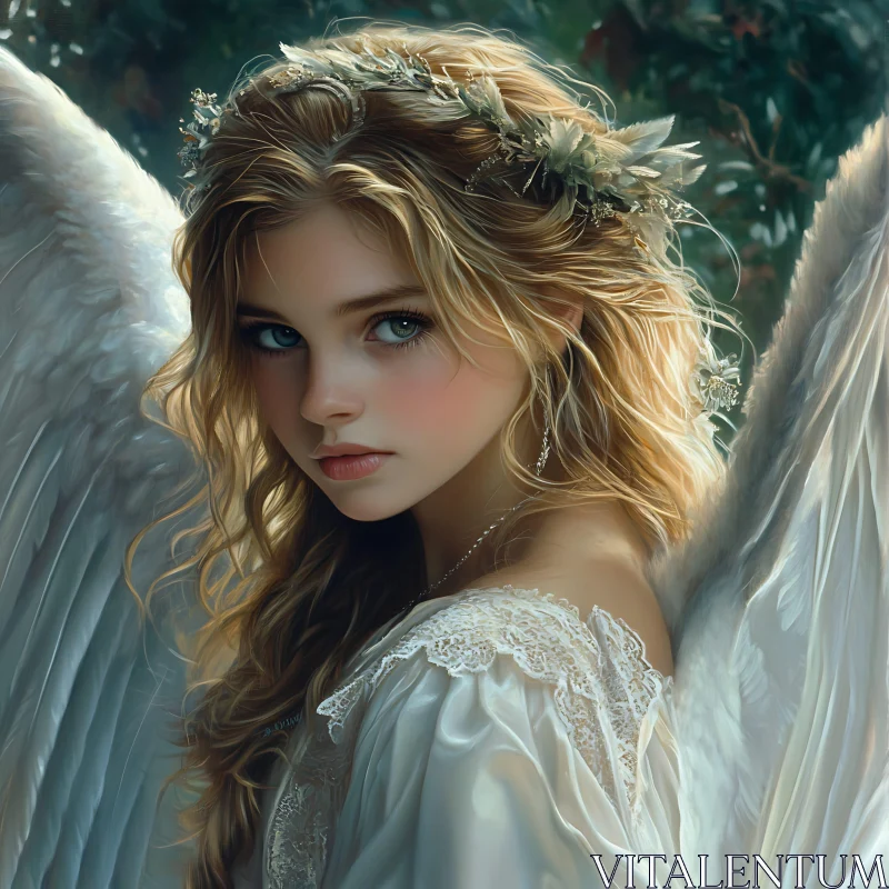 Serene Angel with Floral Crown and Wings AI Image