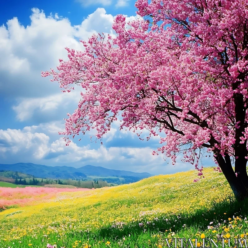 Spring Blossom Landscape with Pink Tree AI Image