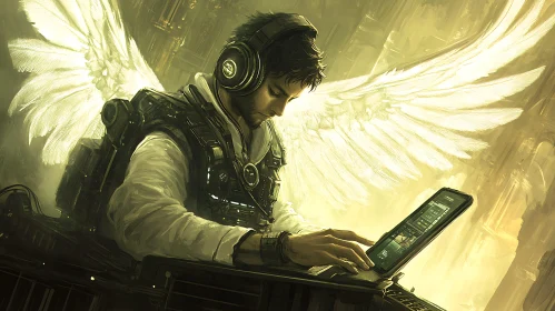 Winged Man Using Tablet in Industrial Setting