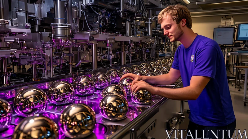 AI ART Manufacturing Metal Spheres with Purple Lighting