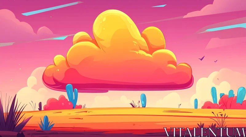 Stylized Desert Scene with Fluffy Cloud AI Image