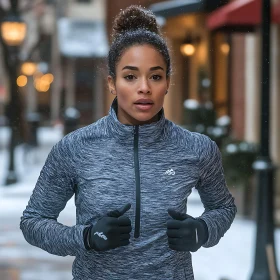 Female Jogger in Winter Cityscape