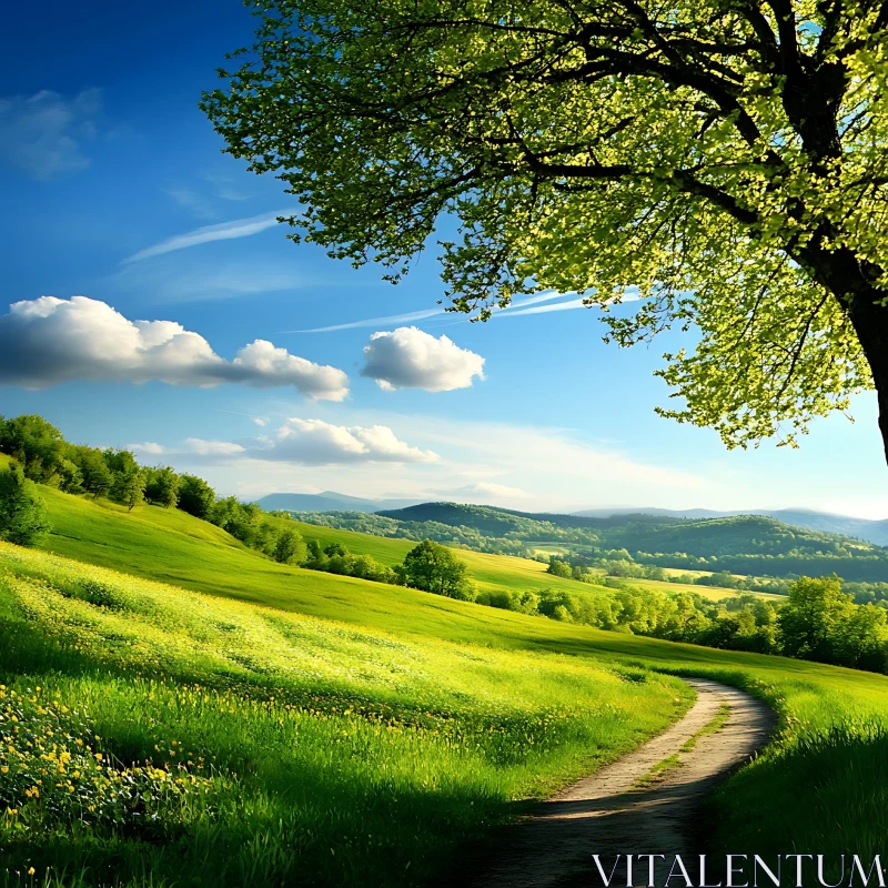 Scenic Landscape of Green Field and Sky AI Image