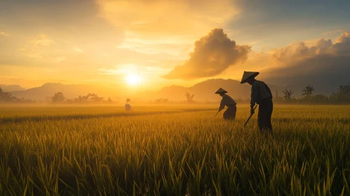 Farmers at Work in Golden Field