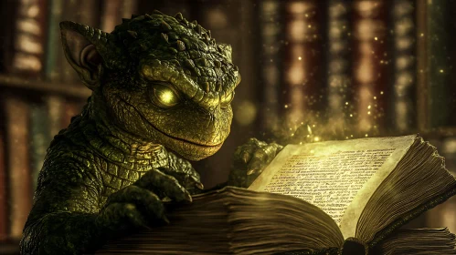 Reptilian Reader in an Old Library