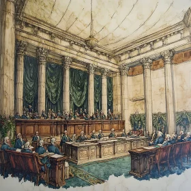 Historic Courtroom with Ornate Columns and Figures