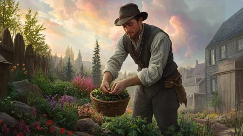 Man Gathering Herbs in Vintage Garden