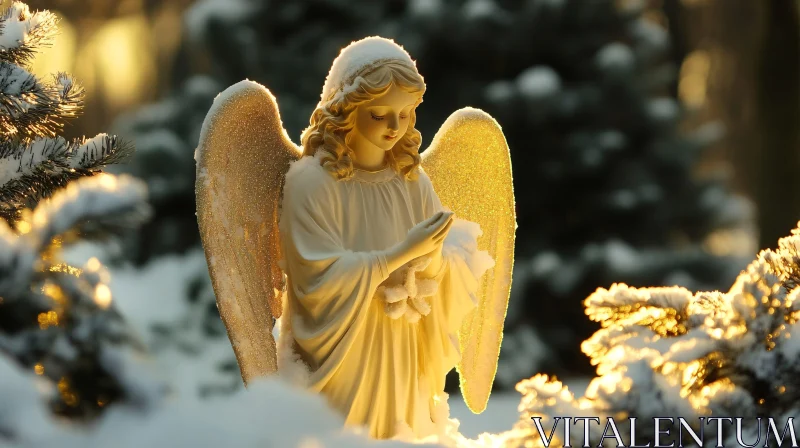 AI ART Golden Angel in Snowy Garden