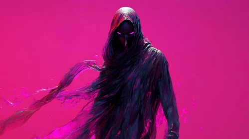 Mysterious Cloaked Figure with Pink Eyes