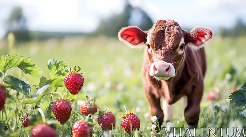 Cow and Strawberries in Meadow AI Image