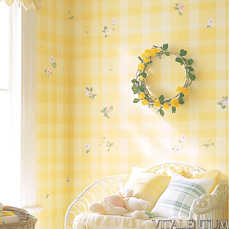 Cozy Room with Checkered Wallpaper AI Image