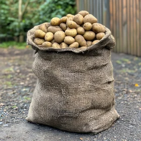 Burlap Sack Filled with Freshly Harvested Potatoes