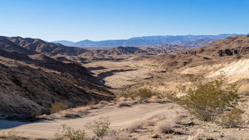 Arid Desert Landscape with Distant Mountains