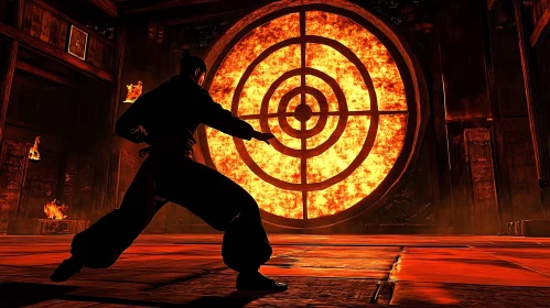 Silhouette of Warrior in Fiery Dojo