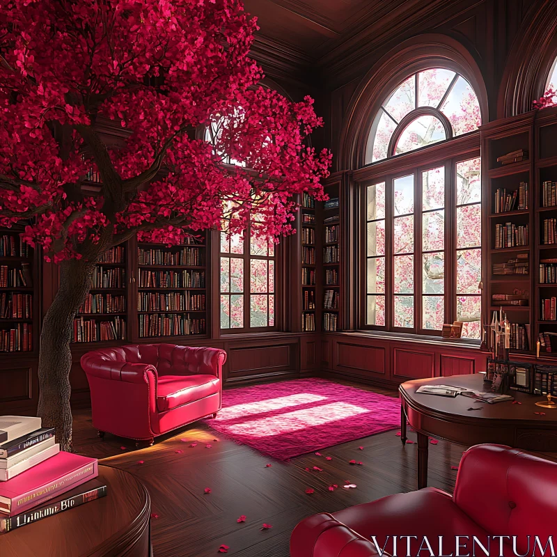 Crimson Library With Indoor Tree AI Image