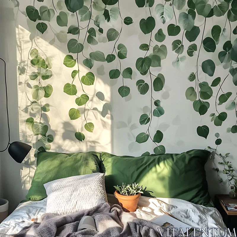 AI ART Sunlit Bedroom with Green Accents