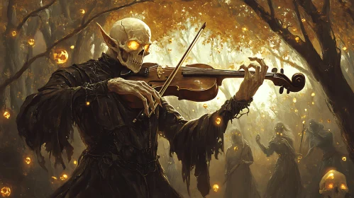 Skeleton Musician in Haunted Woods