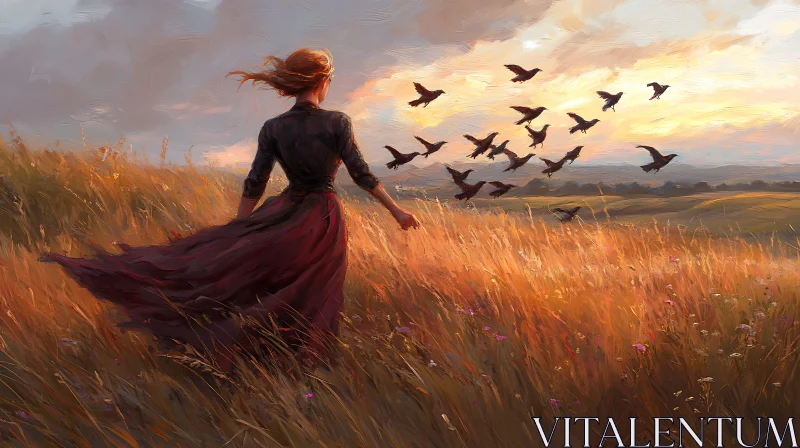 AI ART Golden Field Sunset with Woman and Birds