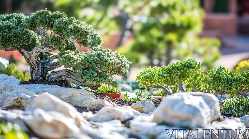 Tranquil Bonsai Composition with Pale Stones AI Image