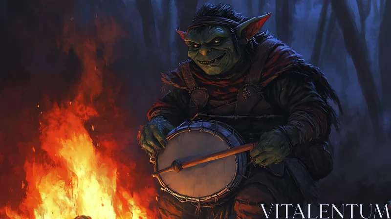 AI ART Enigmatic Goblin Drummer by the Fire