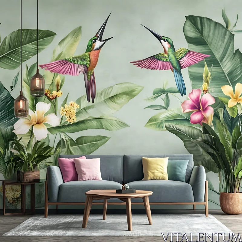 Tropical Birds and Floral Interior AI Image