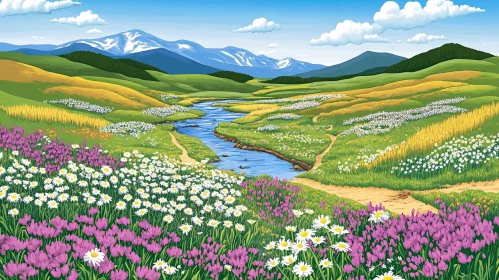 Scenic Landscape with River and Floral Meadow