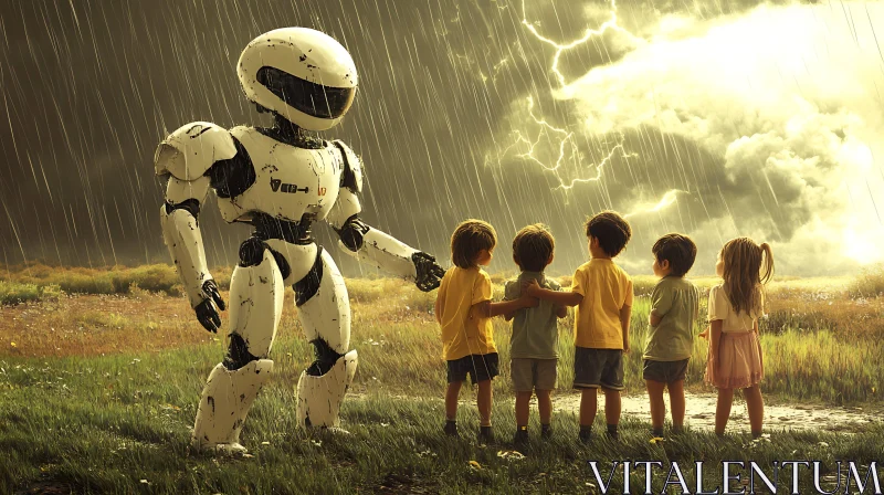 Robot and Children in Rainy Field AI Image