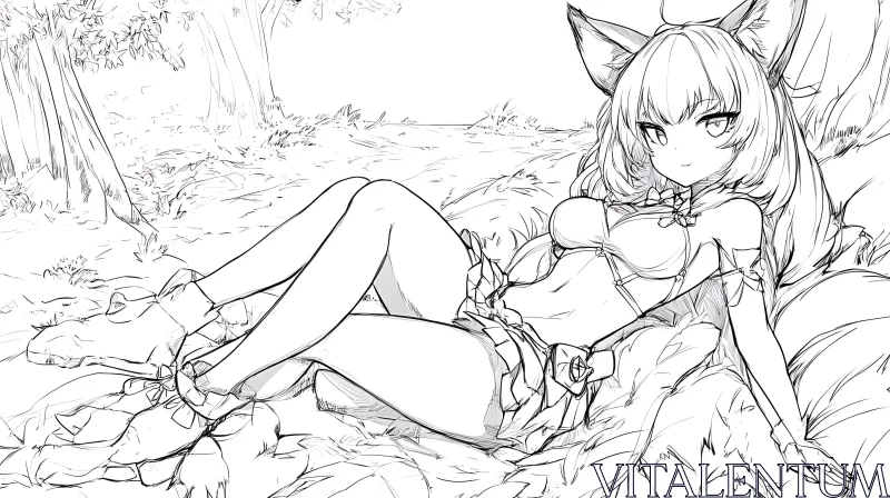 Anime Fox Girl Relaxing in Field AI Image