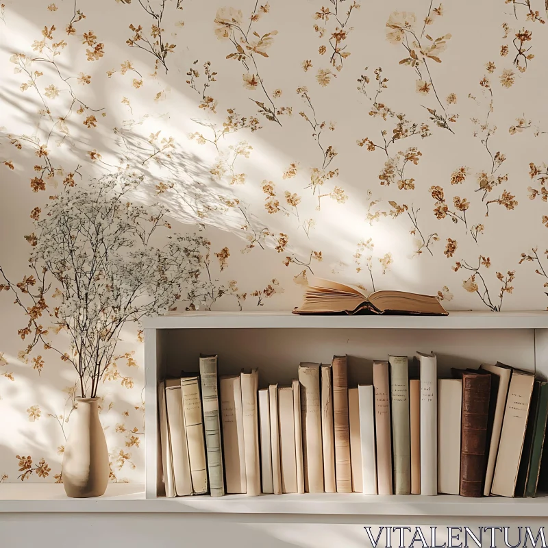 AI ART Serene Bookshelf with Flowers and Sunlight