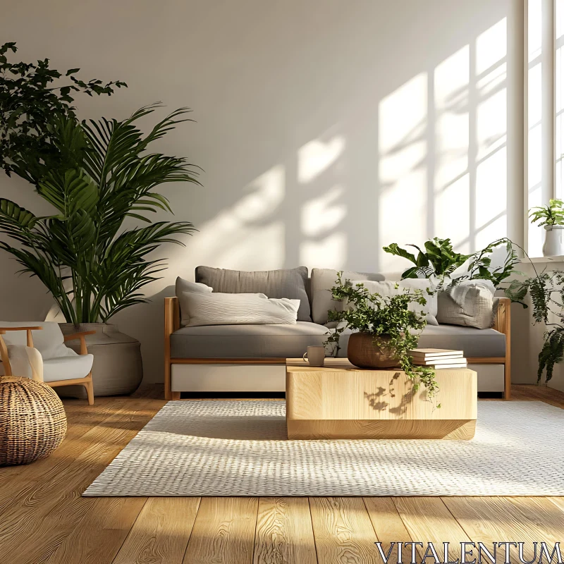 AI ART Sunlit Living Room with Greenery