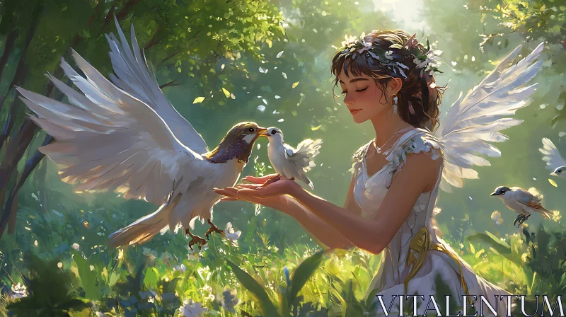 AI ART Forest Angel with Gentle Birds