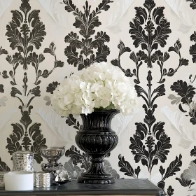 Hydrangea in Black Vase with Patterned Background