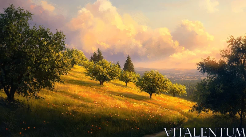 Tranquil Sunset Over a Flower Meadow AI Image