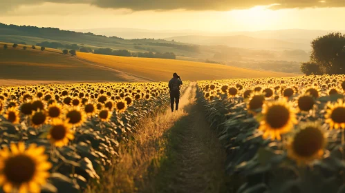 Sunset Walk Through Sunflower Meadow