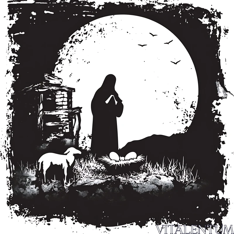 Silhouette of Lamb and Figure Under Moon AI Image