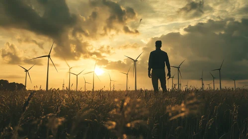 Man in Field with Wind Turbines