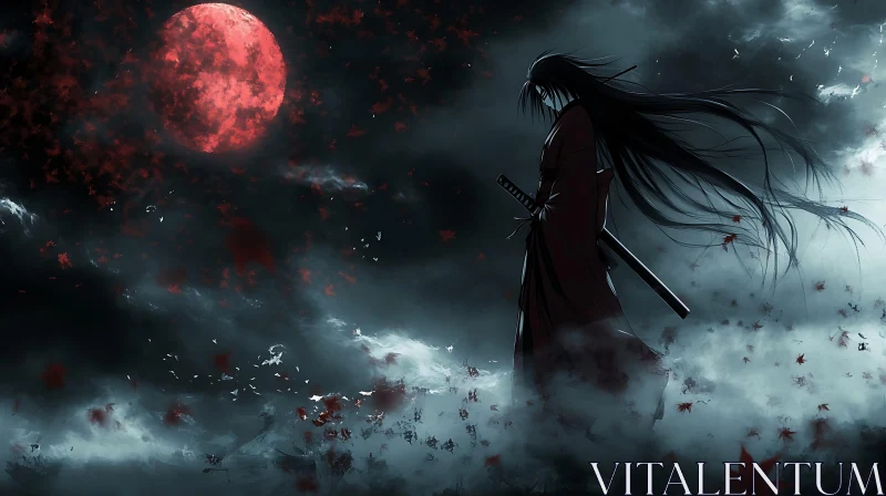 Warrior's Silhouette: Blood Moon Night AI Image