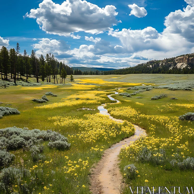 Idyllic Meadow Landscape with Winding Stream AI Image