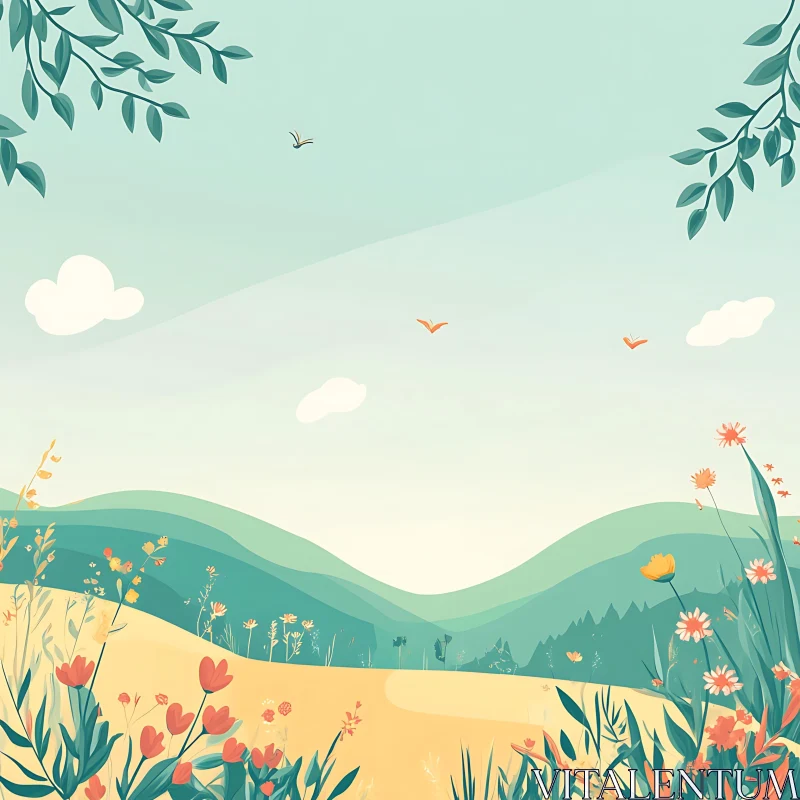 AI ART Scenic Meadow with Rolling Hills and Flowers