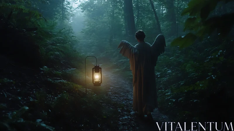 AI ART Winged Figure in Forest with Lantern