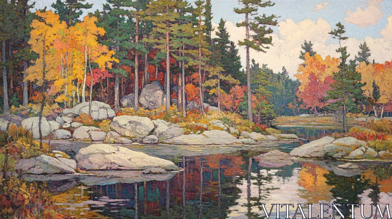 AI ART Vivid Autumnal Scene with Lake Reflection