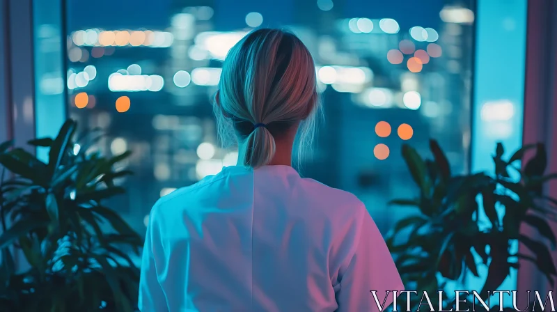 Woman Gazing at City Lights at Night AI Image