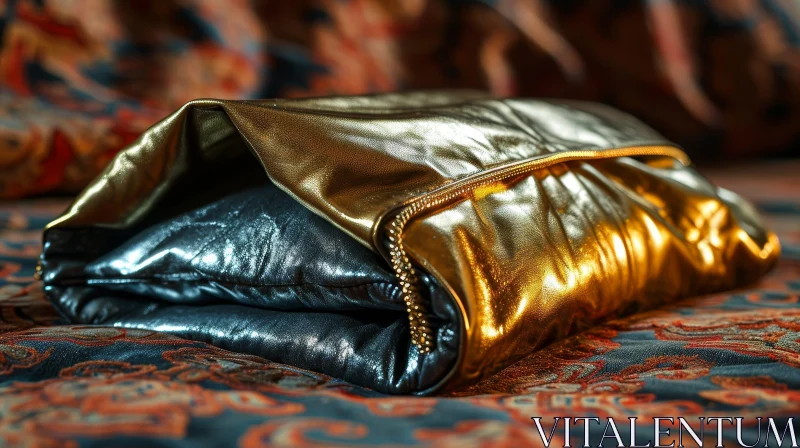 AI ART Close-up Metallic Clutch Bag on Vibrant Patterned Fabric